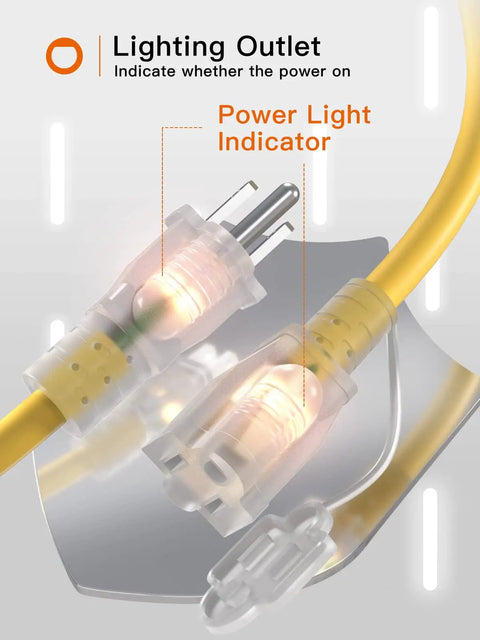 Close-up of 25 Ft Outdoor Extension Cord 12 Gauge SJTW Heavy Duty Waterproof Yellow 3 Prong Cable with Indicator Light