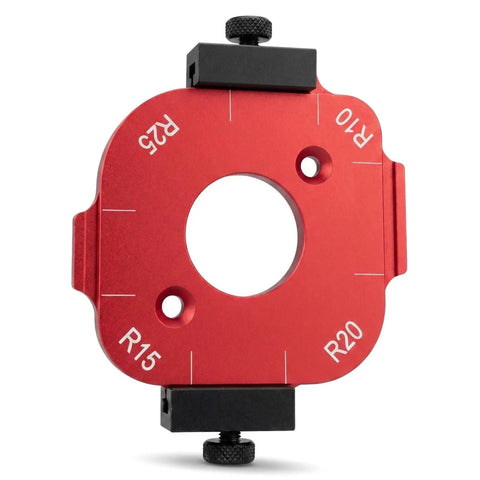 Slick 4 In 1 Wood Router Corner Radius Jig Template Set For Effortless Arc Positioning and Smooth Edge Routing Layout featuring R15-R25 red jig plate.