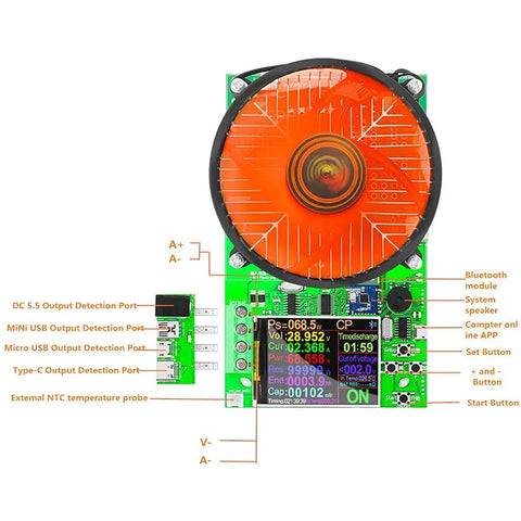 Powerful 150W 4 Wire Electronic Load Tester With 2.4 Inch LCD showing ports and labels for battery testing