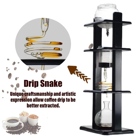 Totally Sharp Cold Brew Coffee Tower And Slow Drip Coffee Maker At 32 Oz showcases the drip snake feature for optimized extraction.