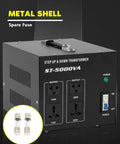Beefy 5000W Voltage Transformer Converter with metal shell and dual grounded outputs for US style outlet, spare fuse included.
