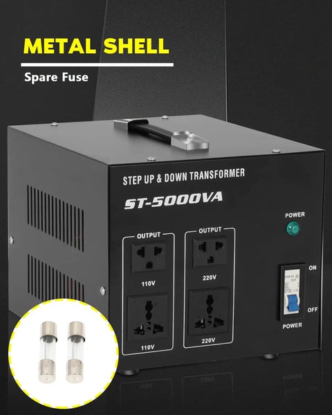 Beefy 5000W Voltage Transformer Converter with metal shell and dual grounded outputs for US style outlet, spare fuse included.