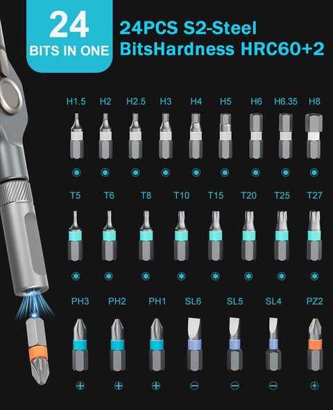24 In 1 Magnetic Ratchet Screwdriver Set With Detachable T Handle Multi Bit Repair Kit, showing 24 S2-steel bits variety
