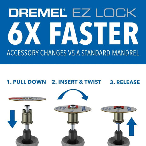 Front view of Dremel EZ Lock 11-piece cutting accessory kit graphic with 3-step install diagram