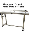 Heavy Duty Industrial Flat Conveyor Belt Built Like A Tank With Adjustable Guardrails Stainless Steel Frame Variable Speed Motor, stainless steel frame with adjustable guardrails visible.