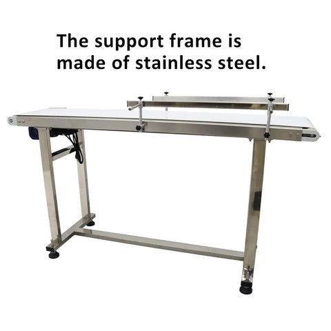 Heavy Duty Industrial Flat Conveyor Belt Built Like A Tank With Adjustable Guardrails Stainless Steel Frame Variable Speed Motor, stainless steel frame with adjustable guardrails visible.