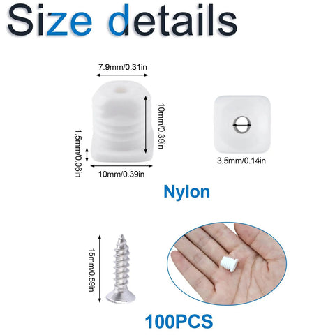 White Cabinet Hinge Repair Kit With Plastic Expansion Dowels And Screws for quick fix, size detail image showing dimensions