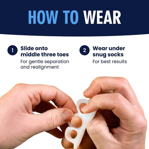 Person holding Hammer Toe Corrector Gels With All Day Relief For Crooked And Overlapping Toes Soft Cushioned Support Symptomatic Toe Alignment White 3 Loop Design 2 Pairs Comfortable Gel Fit For Men And Women