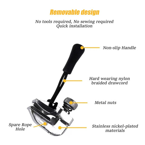 Three Size Zipper Pull Replacement Kit showing removable design with non-slip handle and stainless nickel-plated materials.