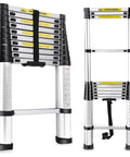 Telescopic Aluminum Extension Ladder 12.5 Ft Multi Purpose Collapsible Ladder with non slip feet, shown fully extended and collapsed.
