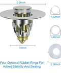 Universal Stainless Steel Push Type Basin Pop Up Drain Filter with Basket, dimensions and optional rubber rings for US sinks