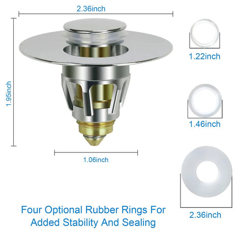 Universal Stainless Steel Push Type Basin Pop Up Drain Filter with Basket, dimensions and optional rubber rings for US sinks
