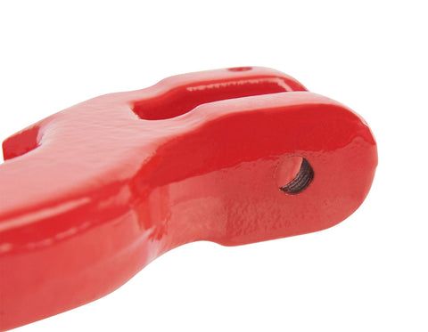 Close-up of Three Eighths Inch Logging Chain Choker Hook Grade 80 Not For Overhead Lifting 6900 Lbs WLL Two Pack in red.