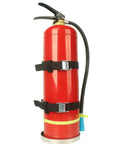 Heavy Duty Fire Extinguisher Wall Mount Bracket For Home Car RV And Truck With Quick Release Snap And Adjustable Nylon Straps Five And A Half Inch Tray Fits Five Pound Mini Extinguishers Stainless Steel Finish Must Have No Fuss side view