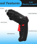 Go To 3.6V Cordless Screwdriver Set With Quick Grip Mini Power Drill showing ergonomic handle, LED light, and toggle buttons.