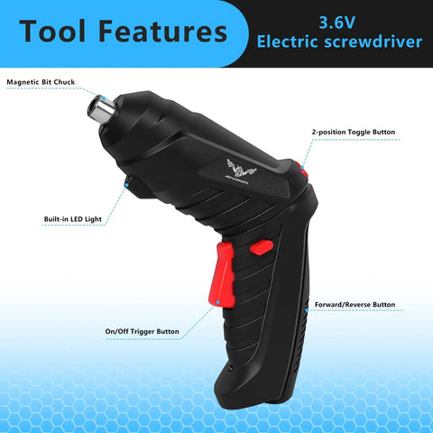 Go To 3.6V Cordless Screwdriver Set With Quick Grip Mini Power Drill showing ergonomic handle, LED light, and toggle buttons.