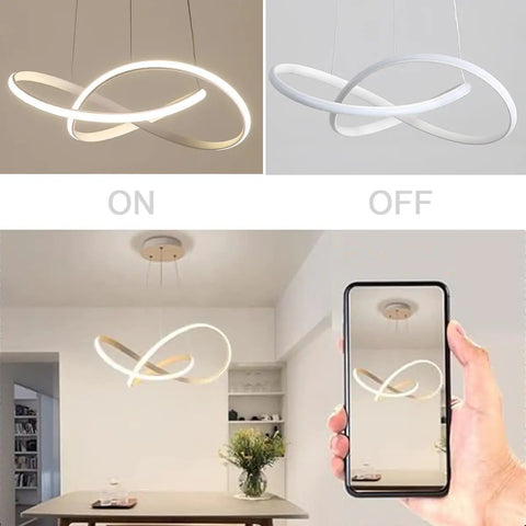 Dimmable LED Pendant Light With Irregular Ring Design, Remote Control, White Finish, Modern Sleek Chandelier On and Off Modes