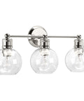 Three Light Coastal Vanity Light With Clear Glass Shades In Polished Nickel Finish For A Modern Beachy Bathroom Glow And Vibe Durable Steel Construction