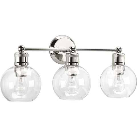 Three Light Coastal Vanity Light With Clear Glass Shades In Polished Nickel Finish For A Modern Beachy Bathroom Glow And Vibe Durable Steel Construction