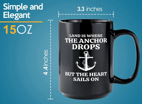Fifteen Ounce Black Coffee Mug For Lake Lovers And Boat Captains With Land Is Where Theme, 15 oz with anchor design, side view