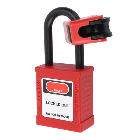 Red insulated padlock with safety label for Two Pack Circuit Breaker Lockout Device With Insulated Padlocks For Small And Medium Breakers Ideal For Electrician Maintenance And Industrial Equipment Safe And Easy Lockout That Keeps Your Crew Protected And In Compliance.