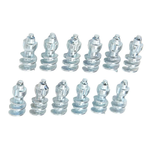 50 Piece Screw In Tire Studs Tough Tungsten Steel Snow Spikes front view showcasing twelve durable steel ice grip screws.