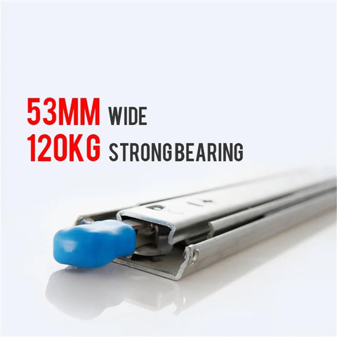Heavy Duty Full Extension Drawer Slide With Lock Ball Bearing, 53mm wide, metal slide with blue end and load rating text