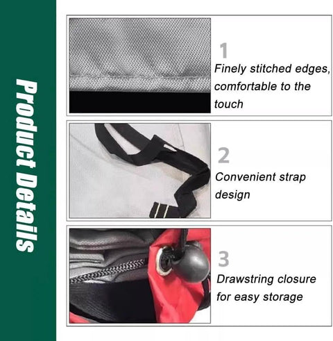 Close-up of stitching, strap design, and drawstring closure of Top Shelf Heavy Duty Car Fire Blanket With Double Sided Silicone Shielding For Extreme Heat Resistance Up To One Thousand One Hundred Celsius Real Deal Ev Battery And Gasoline Engine Blazes In Trucks And Daily Drives Six By Six Meters.