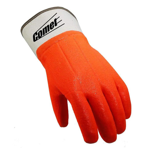 Comet Insulated PVC Coated Work Gloves With Safety Cuff In Hi Vis Orange Grippy Texture For Wet Or Slippery Surfaces Inner Jersey Lining And Foam Insulation For All Day Warmth 12 Pack, front angle view.