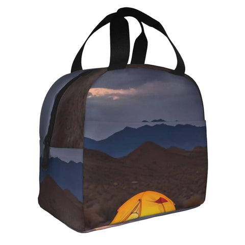 Desert Camping Print Go To Insulated Lunch Tote For Work Picnic Or Travel Reusable Oxford Cloth Lunch Box With Aluminum Foil Liner