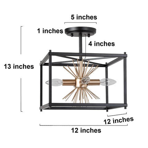 Dimensions of Sick Black Semi Flush Mount Ceiling Light With Dope Gold Starburst Accent Four Light Fixtures Matte Black Frame
