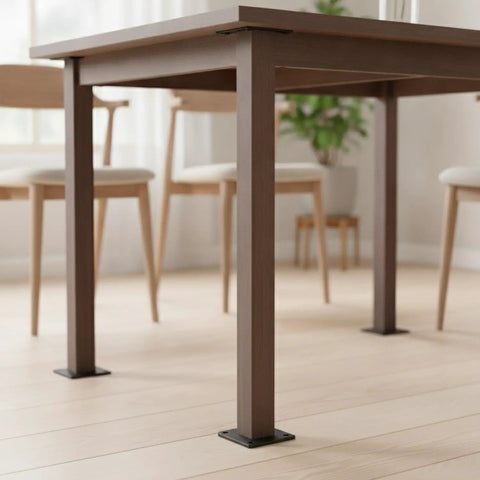 Table with wooden legs, illustrates installation of Beefy Stainless Steel Adjustable Furniture Leg With Wide Square Base