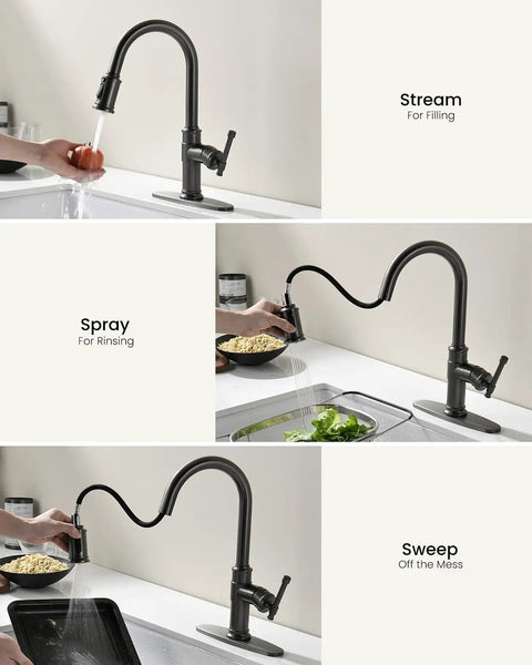 Black Stainless Kitchen Faucet With Pull Down Sprayer And Soap Dispenser demonstrating stream, spray, and sweep functions on dishes.
