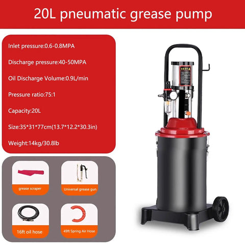 20L pneumatic grease pump with 75:1 pressure ratio, wheeled tank for efficient lubricant delivery.