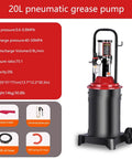 Heavy Duty Pneumatic Grease Pump With 20 Liter Tank And 75 To 1 Ratio, displayed with specifications and accessories.