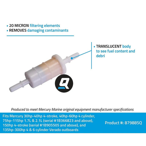 Inline Fuel Filter For Mercury And Mariner Outboards, 20 Micron Boat Fuel Filter With Translucent Canister Showing Internal View