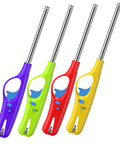 4 Pack Refillable Long Stem Lighters with Visible Fuel Window, in assorted colors, soft flame and adjustable flame.