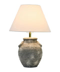 Grey Terracotta Table Lamp With Distressed Sculptural Base And Linen Shade, 23 Inch Tall, Iron Accents, 5 Foot Cord, 60W Max Bulb Not Included