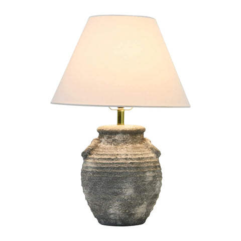 Grey Terracotta Table Lamp With Distressed Sculptural Base And Linen Shade, 23 Inch Tall, Iron Accents, 5 Foot Cord, 60W Max Bulb Not Included