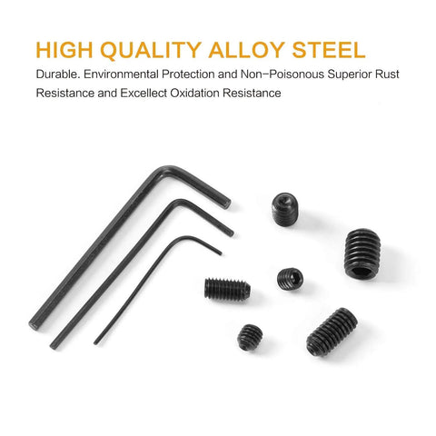 Internal Hex Drive Cup Point Screws Kit With 22 Sizes M2 To M8, 666 Pcs, 12.9 Grade Alloy Steel Black Finish, screws and hex keys visible.