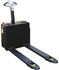 Heavy Duty Electric Pallet Truck With 25X48 Inch Forks 3300 Lb Capacity side view showing black body and control handle.