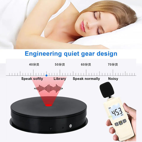 Stunning Motorized Rotating Display Stand With Vibrant LED Lights, 360 Spin Base For Jewelry And Watches, Smooth Electric Turntable show the device measuring noise levels.