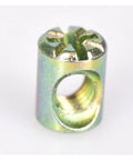 Close-up of Barrel Nuts And Bolts Cross Dowel Slotted Furniture Nut M6x10-12mm, metallic finish, showing slotted design.