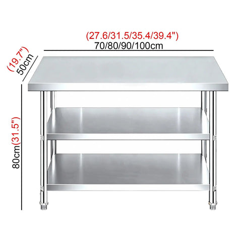 Rock Solid Workbench With Adjustable Shelves And Three Tier Open Storage Packing Station dimensions 27.6 to 39.4 inches, stainless steel.