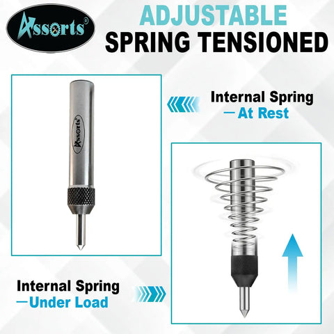 Spring Loaded Tap Guide Center Tool For Lathe And Milling Machines in stainless steel showing internal spring mechanism at rest and under load