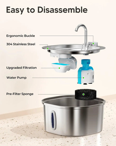 Exploded view of Stainless Steel Cat Water Fountain With Quiet Pump Three Point Two Liter 108Oz For Cats Dishwasher Safe components.