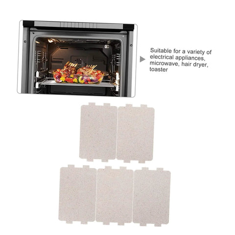 7 Piece Microwave Mica Sheet Replacement Set For Waveguide Insulation Heat Resistant shown with open oven and inserted food skewers.