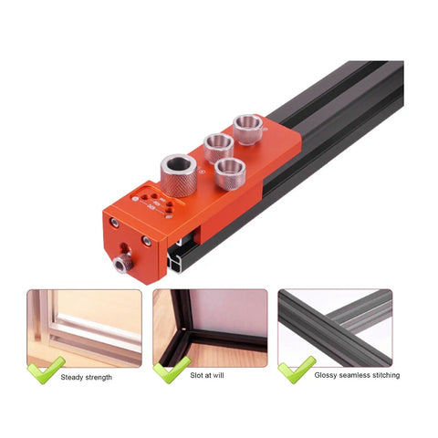 Heavy Duty Aluminum Profile Drill Guide And Tapping Chuck Kit Designed For 20 Through 40 Series Extrusions showing drill inserts and rail bar.