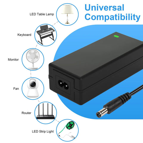 12V 5A DC Power Supply Switching Adapter 60W With 2.1x5.5mm Connector 100-240V AC Input Works With LED Strip Lights, Wireless Routers, Security Cameras, ADSL Modems, Switches, LCD Monitors, Indoor Use black power adapter with plug and compatibility icons