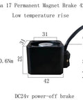 NEMA 17 brake stepper motor with permanent magnet brake, square 42x42 mm, 24V DC, 5 mm shaft, side view